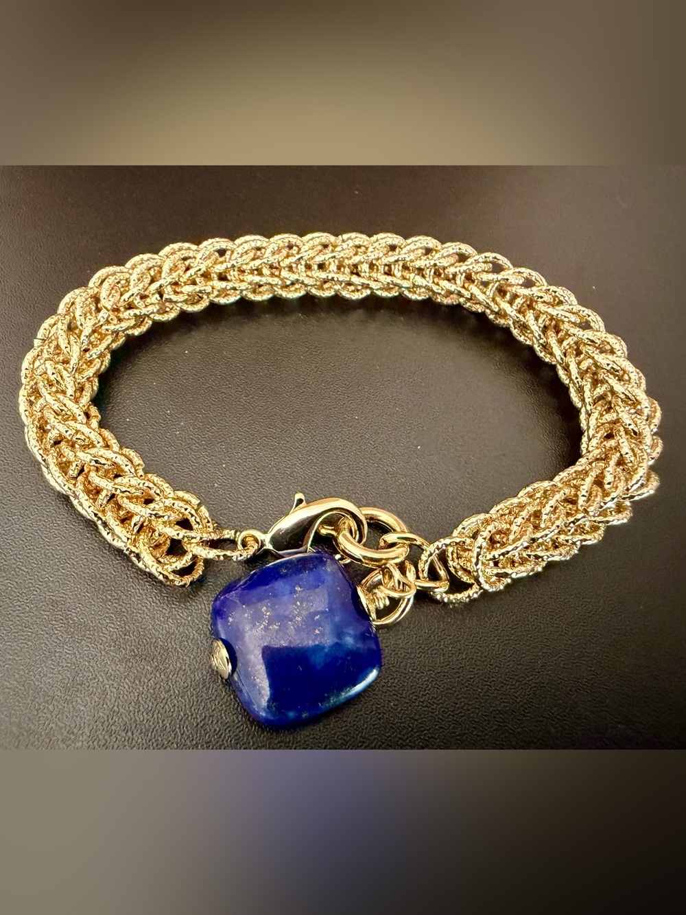 CHUNKY WOVEN ROPE CHAIN BRACELET LAPIS LAZULI CHARM GOLD PLATED SIGNED IL CHINA
